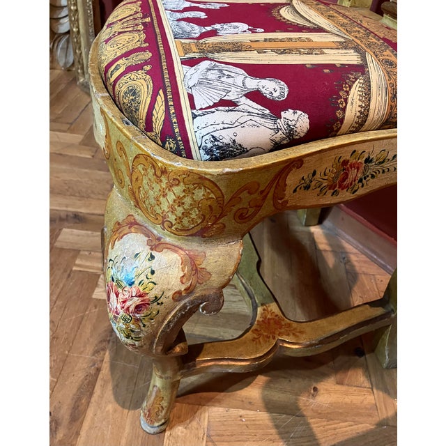 Blue Venetian Lacquered Rococo-Style Armchairs with Hand-Painted Floral Décor and Theater-Inspired Upholstery, Set of 2 For Sale - Image 8 of 13