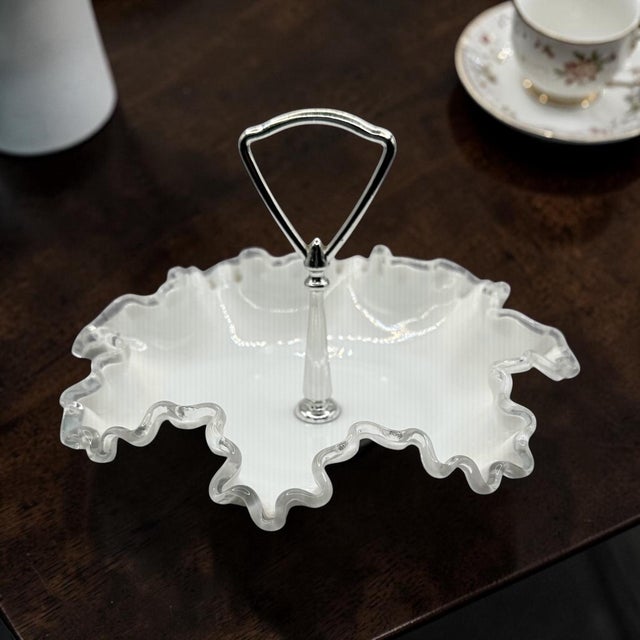 Mid-Century Modern 1950’s Fenton Milk Glass Bon Bon Dish With Silver Crest Rim and Metal Handle For Sale - Image 3 of 10