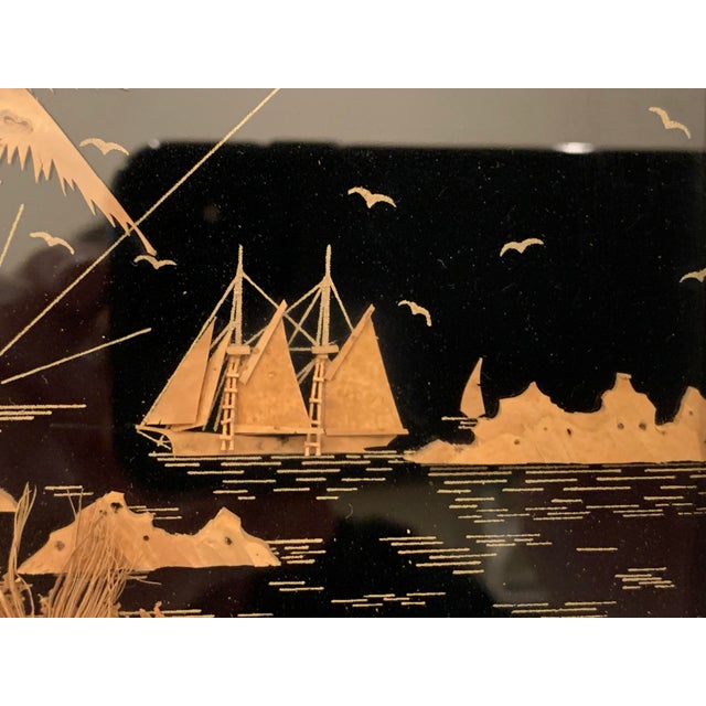 Ocean View Tropical Scene With Masted Ship Done in Cork Within a Celluloid Faux Ivory Frame For Sale In West Palm - Image 6 of 9