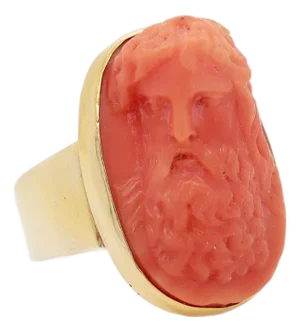 Antique Carved Coral Cameo & 14k Gold Mounted Signet Style Ring