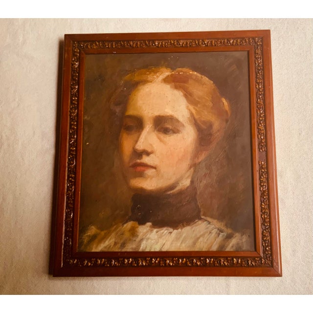 Wood Circa 1900 American Oil Portrait, Lady With a High Collar, Attributed to Edgar Cowan For Sale - Image 7 of 10