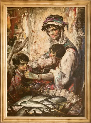 1970s Woman Selling Fish - Anoush Rahnavardkar Oil on Canvas