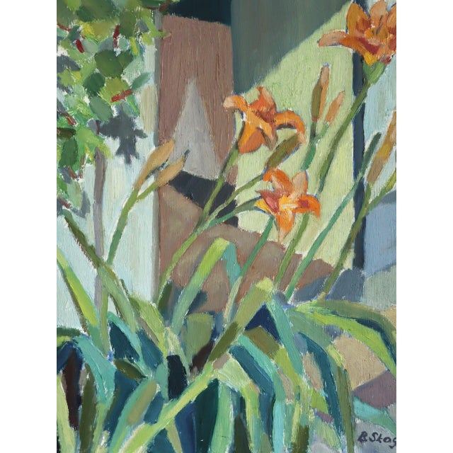 Textile 1955 Mid-Century Modern 'Daylilies in Sunlight' Vintage Original Floral Still Life Oil Painting, Framed For Sale - Image 7 of 11