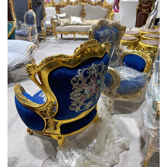Blue 1990s Blue Bergère Wing Chair – French Style Armchair With Gold Leaf Details For Sale - Image 8 of 8