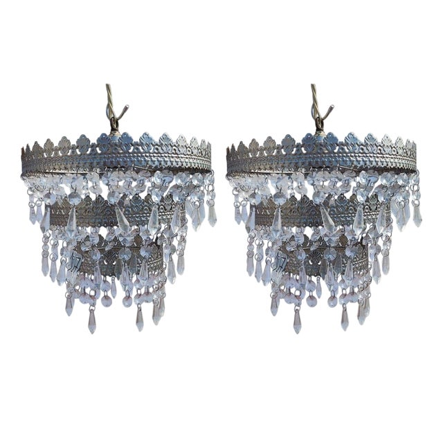 Vintage Metal Chandeliers with Glass Drops, Set of 2 For Sale