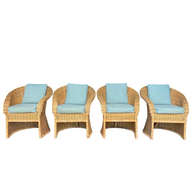 Michael Taylor Vintage Organic Modern Wicker Pedestal Dining Table & 4 Barrel Chairs, 48” Glass Top For Sale - Image 4 of 17