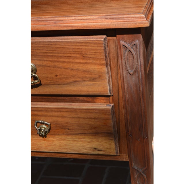 1980s Vintage Wooden English Tall Legged Cabinet or Desk W/ 3 Drawers & Carving For Sale - Image 6 of 12