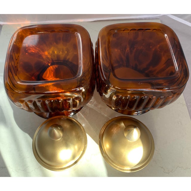 Vintage Fluted Amber Tortoise Pattern Glass and Pewter Lid Canister