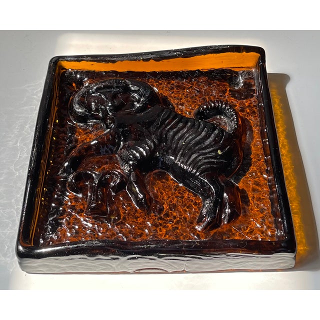 Mid-Century Amber Glass Zodiac Block with Capricorn from Ząbkowice Glassworks, 1950s For Sale - Image 4 of 7