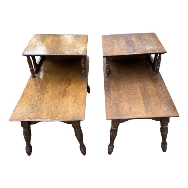 Mid Century Pair Vintage Maple Colonial Style Step End Tables, Set of Two For Sale