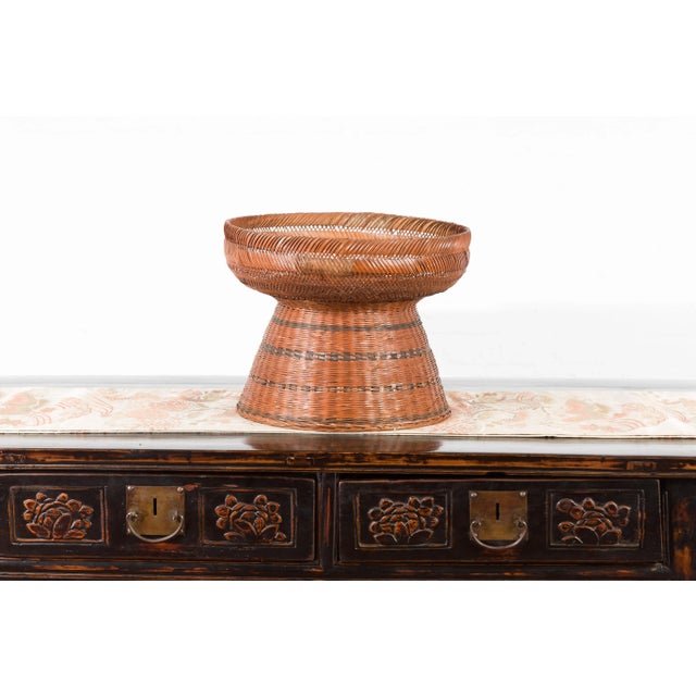 Brown Thai Vintage Woven Rattan Fruit Market Basket with Pedestal Tapering Base For Sale - Image 8 of 11