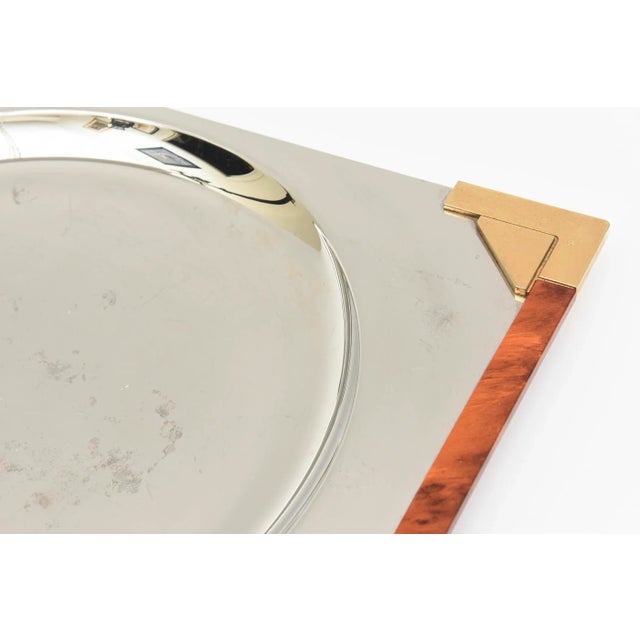 Signed Guy Degrenne French Burled Wood, Gold Plated Brass and Stainless Steel Square Tray For Sale In Miami - Image 6 of 11
