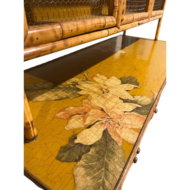 Vintage Tortoiseshell Bamboo Large Floral Decoupage Chinoiserie Display Cabinet For Sale - Image 10 of 15