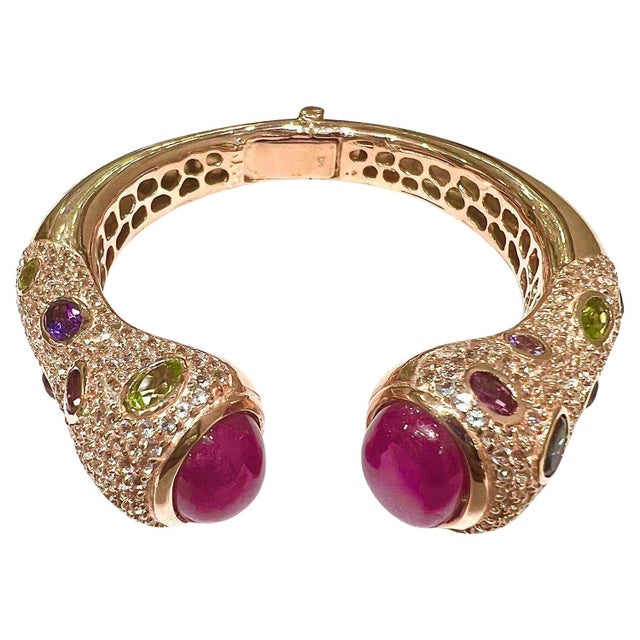 Red Bochic “Capri” Vintage Ruby & Multi Gem Bangle Set In 18K Gold & Silver For Sale - Image 8 of 15