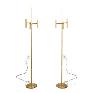 Vintage Mid Century Modern Floor Lamp Set Light Gold Brass 3 Light Atomic Round - a Pair For Sale