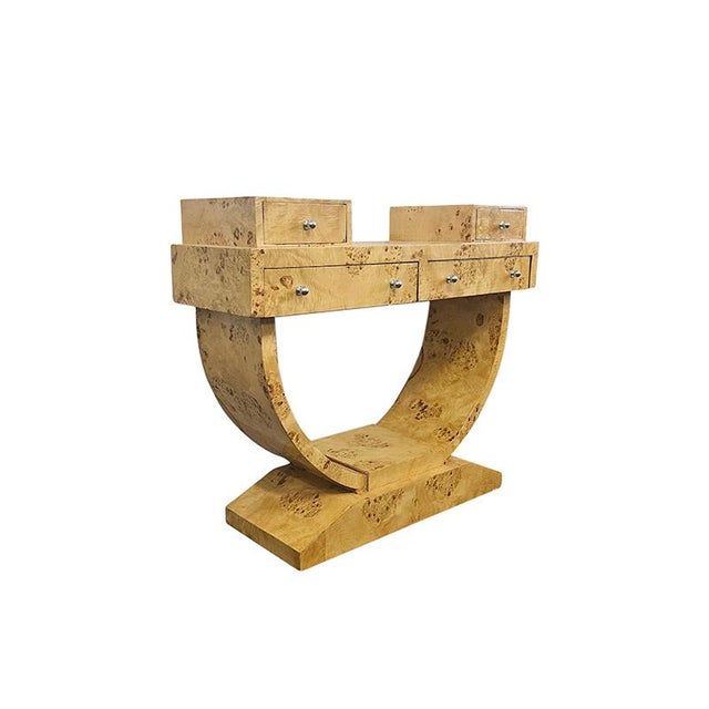 Deco-style birch burl console table with four drawers. Dimensions (W x D x H): 118 x 40 x 99 cm