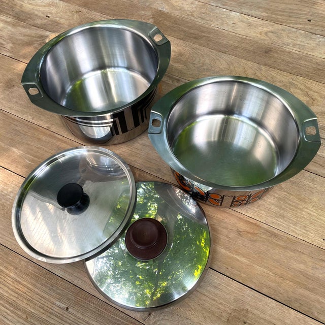 Orange and Brown Enameled Stainless Steel Pots from C&S of France, 1970s, Set of 2 For Sale - Image 11 of 18