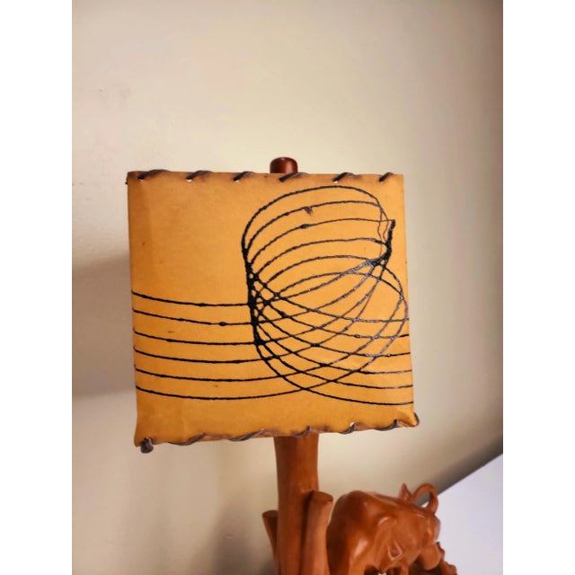 Wood Vintage Hand Carved Wooden Bull With Fiber Glass Spun Diamond Shade. For Sale - Image 7 of 8