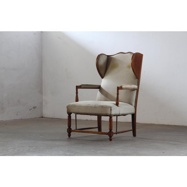 1930s Vintage Earflap Dover Wingback Oak Armchair, Denmark, 1930s For Sale - Image 5 of 18
