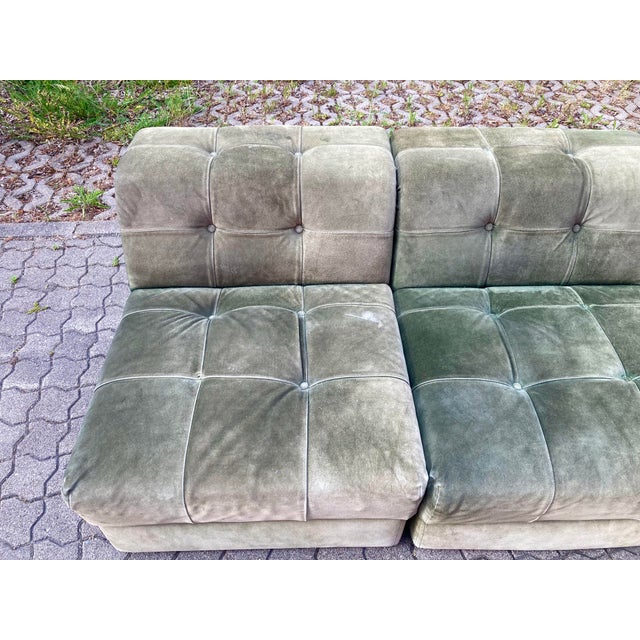Wood Vintage Green Suede Modular Sofa, 1970s, Set of 5 For Sale - Image 7 of 18