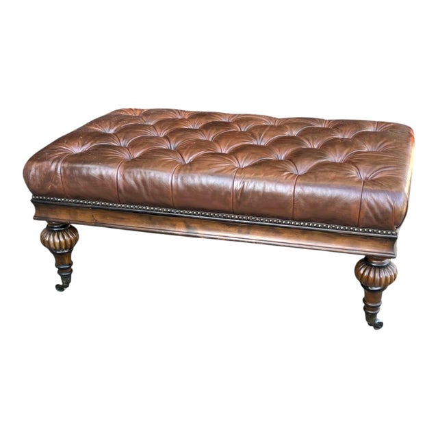 Vintage Tufted Brown Leather Ottoman Bench With Nailhead Trim & Carved Wood Legs on Casters For Sale - Image 15 of 15