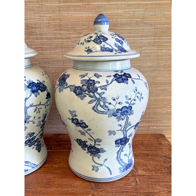 2020s Chinoiserie Blue & White Cherry Blossom Ginger Jars - A Pair For Sale - Image 5 of 8