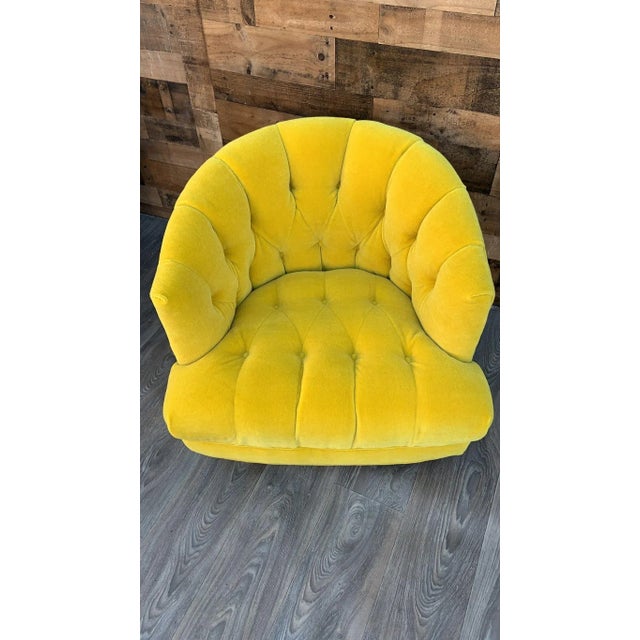 Wood Mid Century Modern Harvey Probber Style Tufted Barrel Back Swivel Lounge Chair Newly Reupholstered in Mohair For Sale - Image 7 of 9