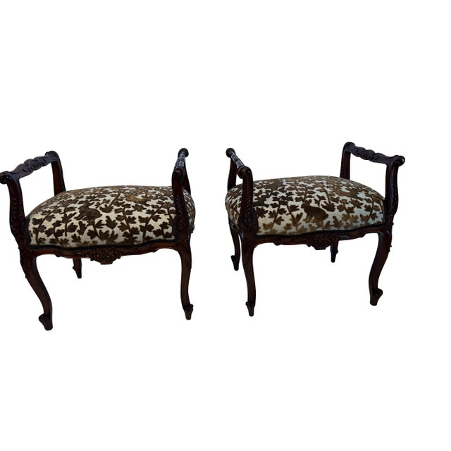 19th Century Itallian Walnut Fireside Benches in Brown Velvet Rabbit Upholstery - A Pair For Sale - Image 4 of 6