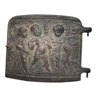 Antique 19th Century Thick Cast Iron Stove Door Salvage Cherub Putti Door Panel For Sale
