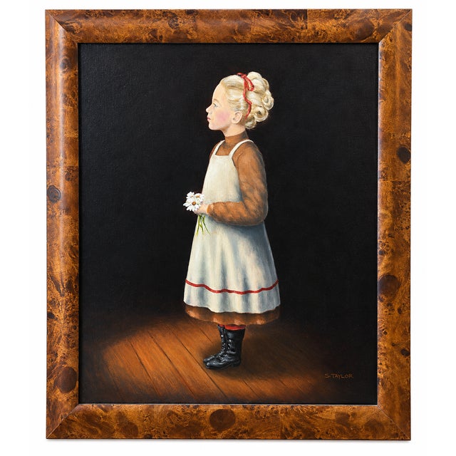 American Folk-Style Portrait of a Young Girl by S. Taylor — Oil on Canvas For Sale