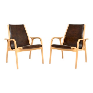Vintage Swedish Leather Lamino Armchairs by Yngve Ekström for Swedese, 1970s, Set of 2 For Sale