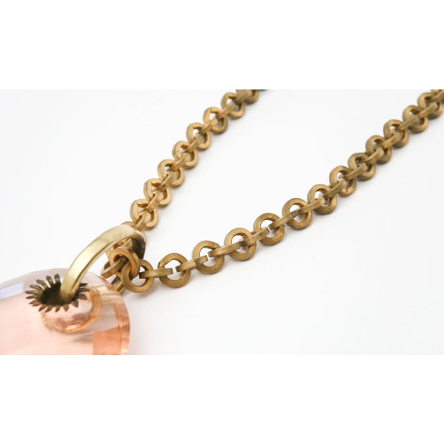 Vintage Italian Brass Link Chain and Diamond Faceted Glass Peachy Pink Pendant Necklace For Sale - Image 4 of 10