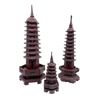 1970s Vintage Soapstone Pagoda Statues- a Set of 3 For Sale