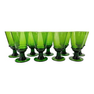 20th Century Green Waterford Water Goblet Glasses - Set of 9 For Sale