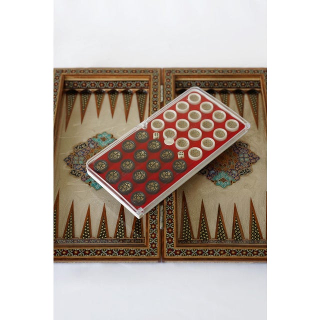 Turquoise Compact Marquetry and Hand-Painted Chess & Backgammon Set With Mother-of-Pearl For Sale - Image 8 of 8