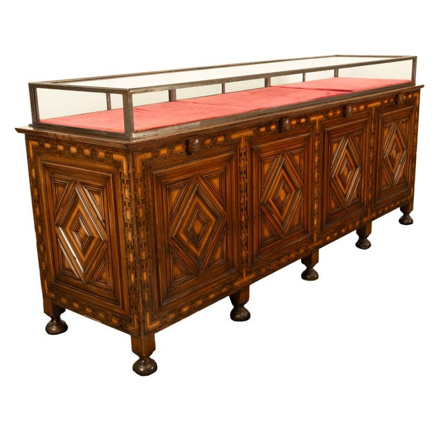 Antique Art Deco Jewelry Store Display Case Counter Walnut Bronze Glass 1920 For Sale - Image 4 of 18