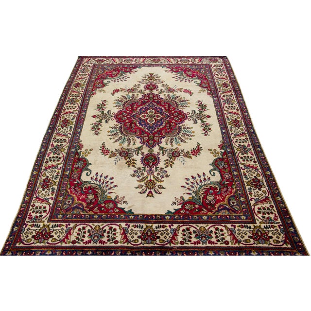 Persian 1960s Vintage Persian Tabriz Handmade Medallion Beige Wool Rug For Sale - Image 3 of 7