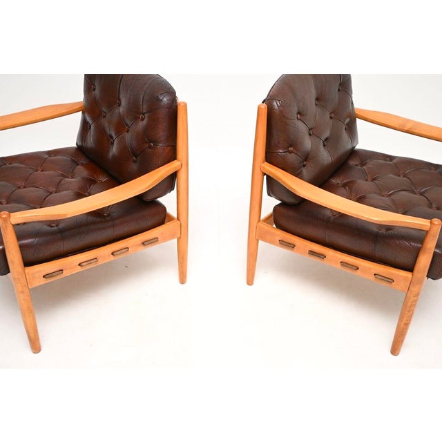Brown Vintage Swedish Leather and Birch Lounge Chairs attributed to Ingemar Thillmark for Ope, 1960s, Set of 2 For Sale - Image 8 of 11
