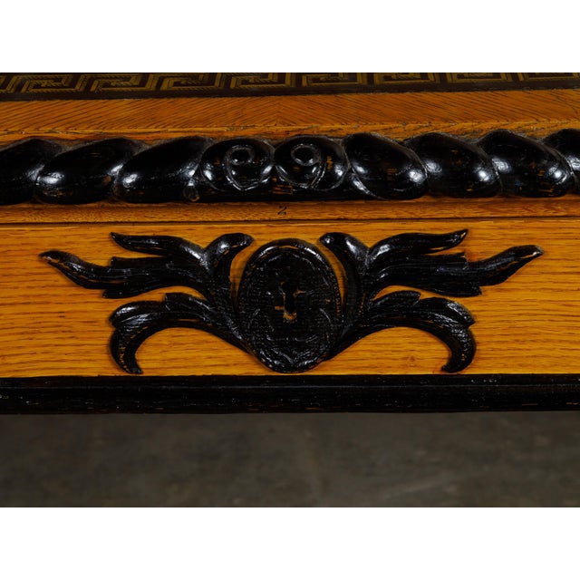 English 19th Century Oak Desk with Ebonized Accents and Gilded Greek Key Frieze For Sale - Image 9 of 10