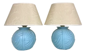 French Art Deco Table Lamps with Geometric Pattern in Etched Pressed Glass, 1930s, Set of 2