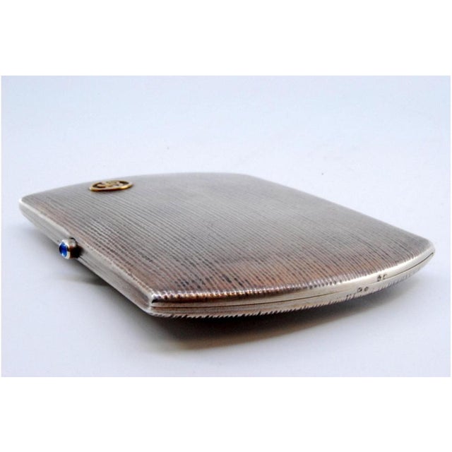 Silver Finely Guilloche Silver Cigarette Case, Blue Cabochon on the Clasp, Gold Interior and Hinged Lid For Sale - Image 8 of 11