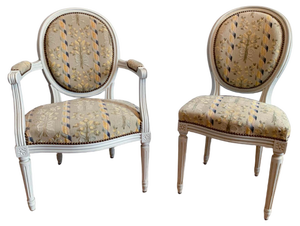 Set of Louis XVI Style Medaillon Armchair & Side Chair in Lacquered Wood, 1950s