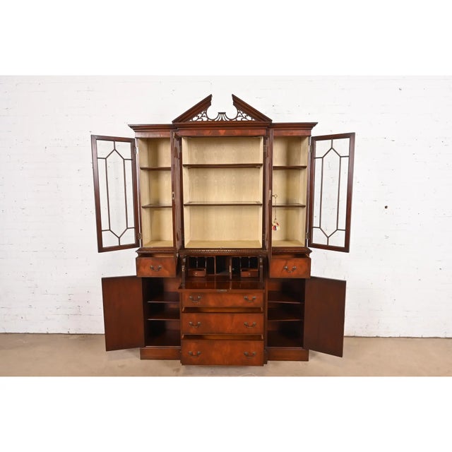Traditional 1940s Charak Furniture Georgian Carved Flame Mahogany Lighted Breakfront Bookcase Cabinet With Secretary Desk For Sale - Image 3 of 8