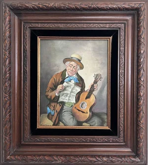 Hans Kerber (Austria B. 1920) Original Oil Painting, Man With Guitar, Framed