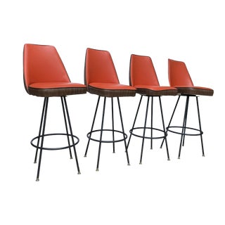Vintage Wrought Iron & Orange Vinyl Retro Bar Stools - Set of 4 For Sale