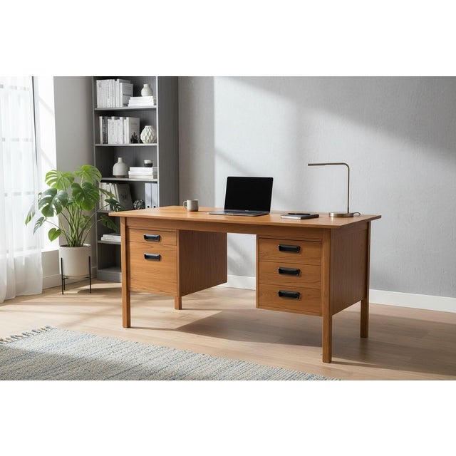 1960s Mid Century Modern Danish Teak Desk W/ 5 Drawers Floating Top Office Desk For Sale - Image 5 of 12