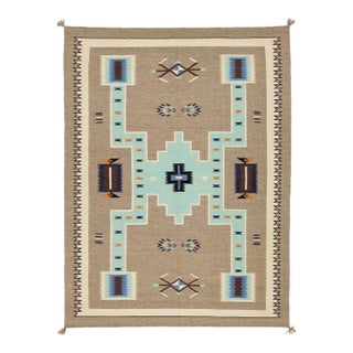 Modern Navajo-Style Handmade Wool Area Rug - Geometric Turquoise & Earth Tones For Sale