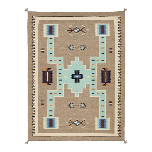 Modern Navajo-Style Handmade Wool Area Rug - Geometric Turquoise & Earth Tones For Sale