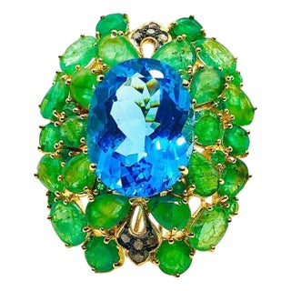 Bochic “Orient” Vintage Emeralds, Topaz & Diamonds Set In 18K Gold & Silver For Sale