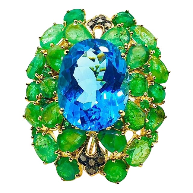 Bochic “Orient” Vintage Emeralds, Topaz & Diamonds Set In 18K Gold & Silver For Sale